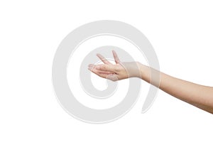 show hand in hold gesture of Asian woman isolated on white background by left hand.