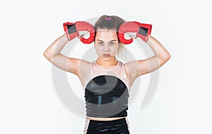 Show her biceps. teen girl boxer. sportswear and equipment shop. healthy lifestyle. energetic kid power. child workout