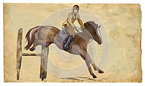 Show Jumping, hand drawn colored illustration. Line art technique on an old paper