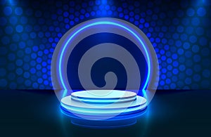 Show light, Stage Podium Scene with for Award Ceremony on blue Background.