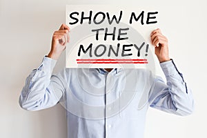 Show me the money text written on paper card