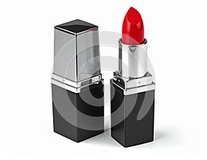 Show red lipstick in 3D on a white background. Show the lipstick in a slightly curveds