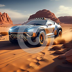 show a sports car conquering challenging desert terrain with style trending on artstation sharp