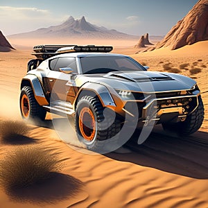 show a sports car conquering challenging desert terrain with style trending on artstation sharp
