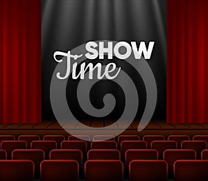 Show Time concept. Dark realistic Theater stage with red curtains and spotlight in the center. Template for banner