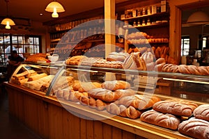 Showcase with bread and buns in bakery. Generative AI