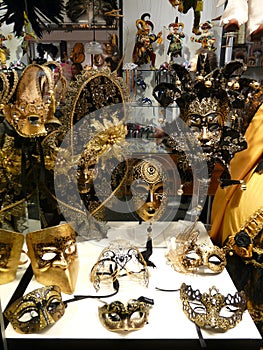 Showcase with carnival masks, Venice, Italy