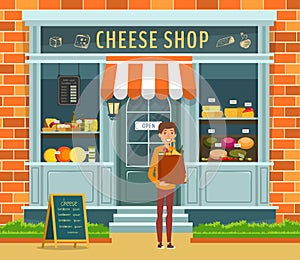 Showcase of cheese shop and buyer with package