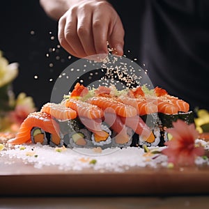 Showcase the delicate and precise details of a sushi masterpiece in a closeup shot