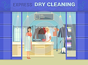Showcase of dry cleaning store with cloth