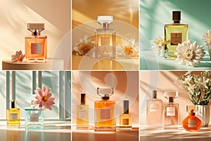 Showcase of elegant perfume bottles with flowers on a pastel background