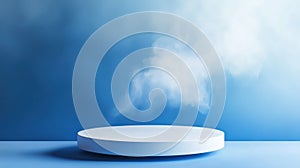 Showcase empty round platform with blue backdrop and clouds