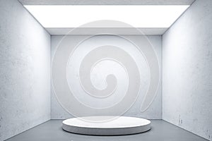 Showcase with Empty Space On Pedestal Near White Walls In Art Gallery. 3d rendering. Minimalism Concept. Art Exhibition