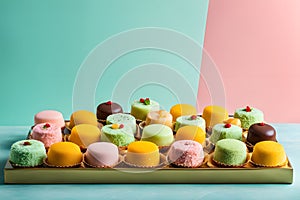 Showcase indulgent Indian sweets against a dreamy pastel backdrop with generous copy space