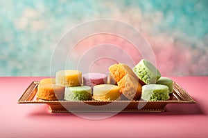 Showcase indulgent Indian sweets against a dreamy pastel backdrop with generous copy space