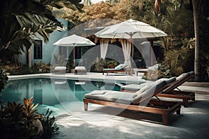 Showcase a luxurious pool area with all the amenities, such as cushy lounge chairs, umbrellas, and a bar with tropical drinks. The