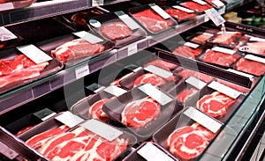 Showcase meat raw products in a supermarket