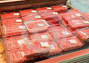 Showcase meat raw products in a supermarket