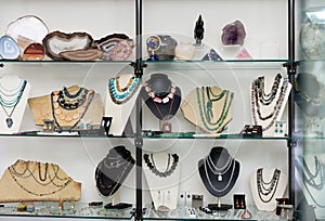 Showcase with natural stone jewelry