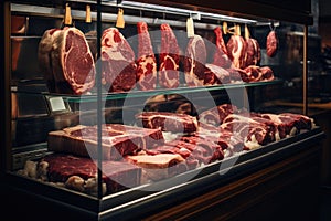 Showcase with raw meat in a butcher shop