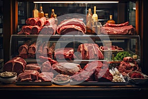 Showcase with raw meat in a butcher shop.Selected quality meat