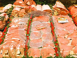 Showcase with raw meat in butcher shop, Veal, Supermarket