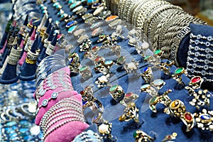 Showcase for sales of jewelry and bijouterie on Istanbul grand bazaar marketplace. Rings, earrings, bracelets and other -