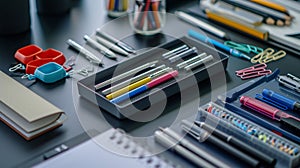 .Showcase a series of office supplies neatly arranged