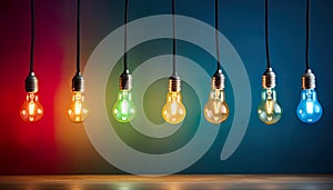 Showcase of seven distinct lightbulbs, each emitting a unique and vibrant color, set against a dark background.