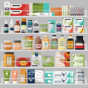 Showcase with shelves at drugstore with pills, tea