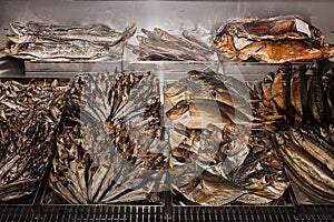 Showcase with smoked fish