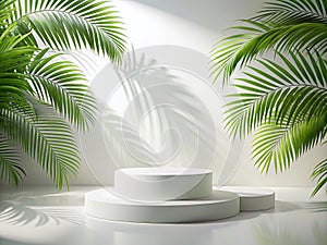 Showcase Your Summer Products with This Elegant White Tropical Podium Mockup Featuring a minimalist design soft shadows photo