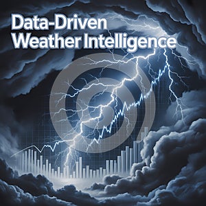 Dramatic blue lightning storm with data charts and graphs in the clouds