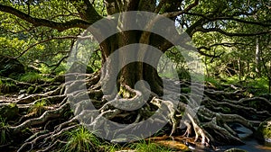 Large Tree with Extensive Roots in a Forest Stream