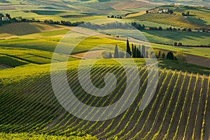 showcases orderly rows of vineyard in picturesque Tuscany Aerial view