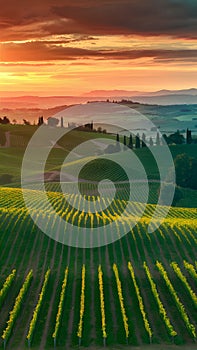 showcases orderly rows of vineyard in picturesque Tuscany Aerial view