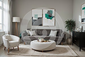 Abstract painting on grey wall o contemporary living room interior with emerald green armchair with round pillow, commode and couc