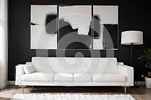 Black and white abstract painting on empty wall of cozy living room interior