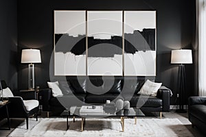 Black and white abstract painting on empty wall of cozy living room interior