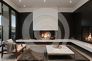 Blazing fire in living room of luxury architect designed Australian house