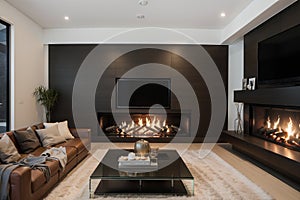 Blazing fire in living room of luxury architect designed Australian house