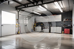 Garage interior with stend of tools.