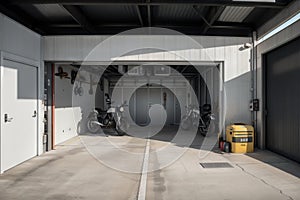 Garage interior with stend of tools.