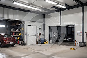 Garage interior with stend of tools.