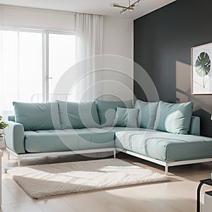 Interior composition with a soft sofa and tables on a white wall background /