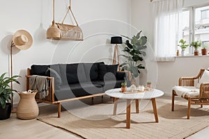 Stylish Modern wooden living room in white background, Scandinavian style, Rattan home decor, ,