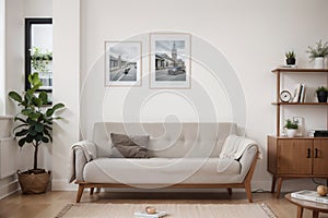 Two mock up posters frame on wall in modern interior background, living room. Books on cabinet. Scandinavian style. ing.