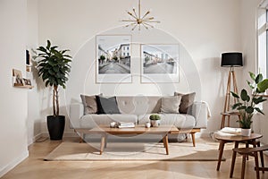 Two mock up posters frame on wall in modern interior background, living room. Books on cabinet. Scandinavian style. ing.