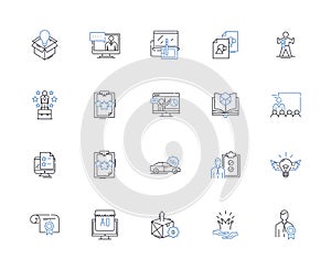 Showcasing line icons collection. Display, Exhibit, Present, Demonstrate, Highlight, Flaunt, Feature vector and linear photo