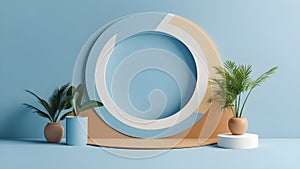 Showcasing a Serene Blue Backdrop Intersected by a Grand Circular Arch in Complementary Blue and Earthy Beige Hues photo